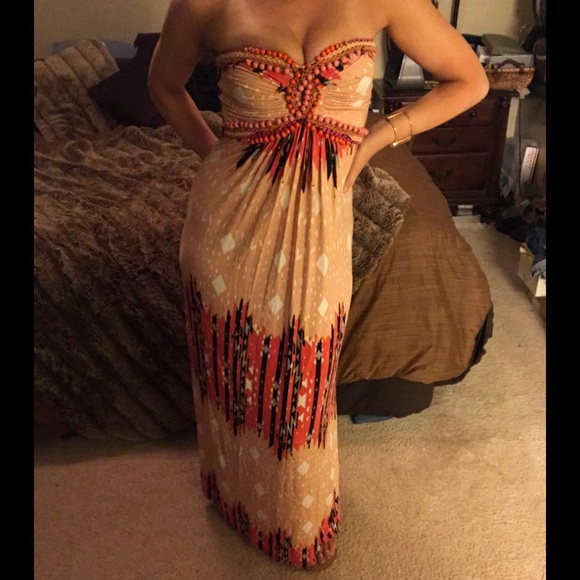 COPY - Saminiya Sky Peach Coral Tribal Print Maxi Dress S - Picture 1 of 6